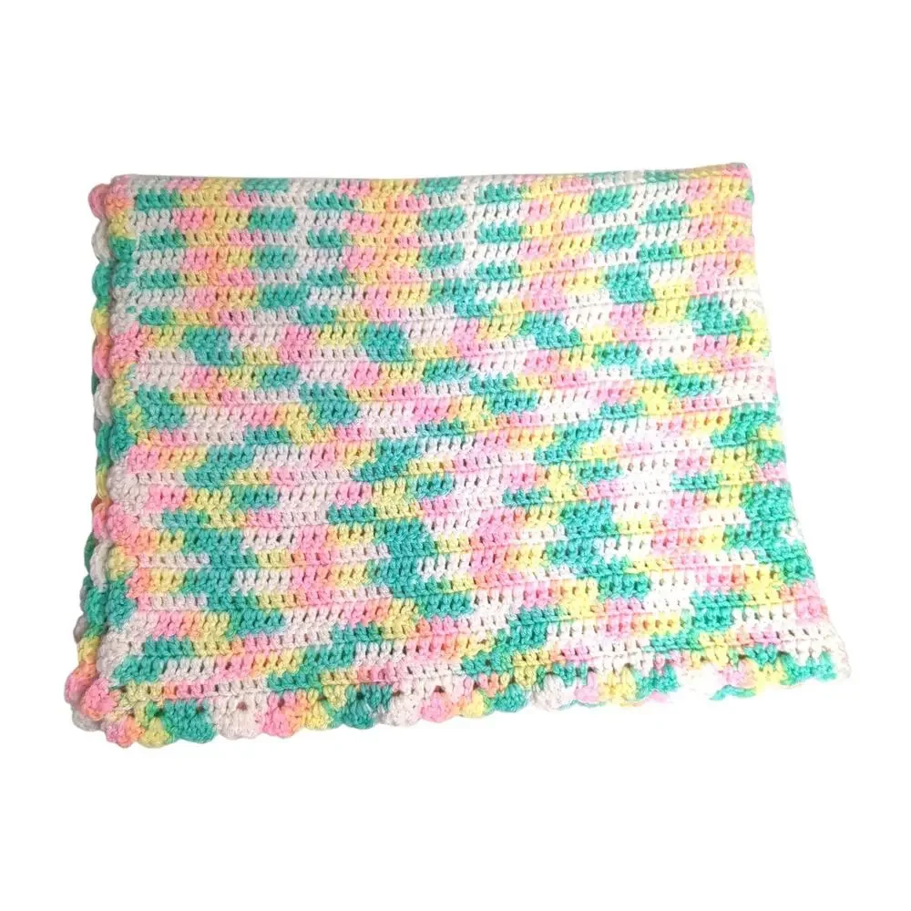 Hand-Crochet Pink, White, Yellow, Green, rectangle Baby Blanket Afghan 31